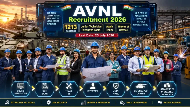 AVNL Recruitment 2026 notification for 1213 Executive and Junior Technician posts under Armoured Vehicles Nigam Limited.