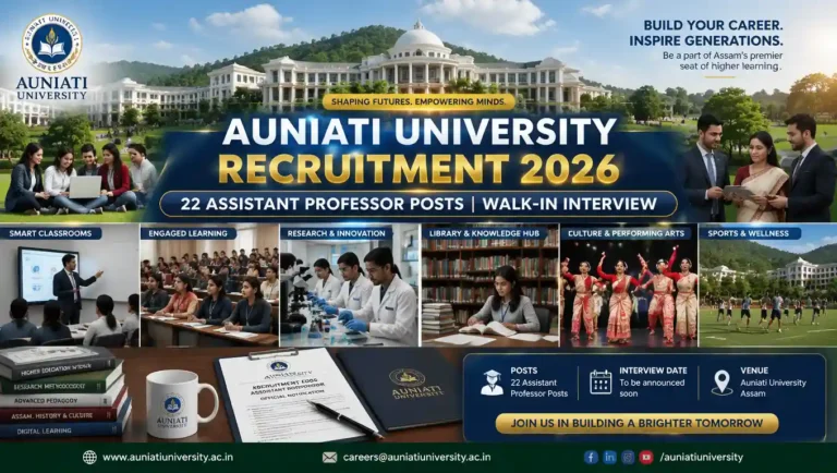 Auniati University campus in Kaliapani, Teok, Jorhat with recruitment announcement banner